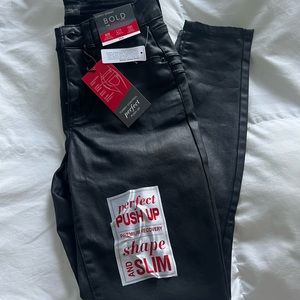 Faux leather finish denim jeans